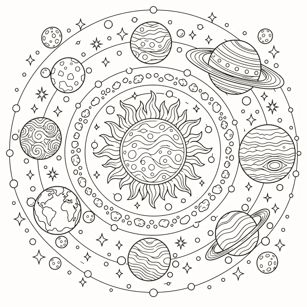 Coloriage système solaire, dessin au trait à imprimer
