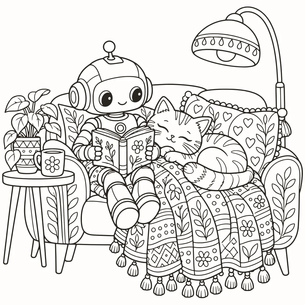 Robot e gatto da colorare, disegno al tratto da stampare