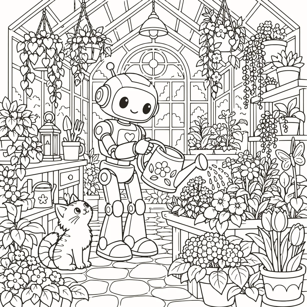 Coloriage robot jardinier, dessin au trait à imprimer