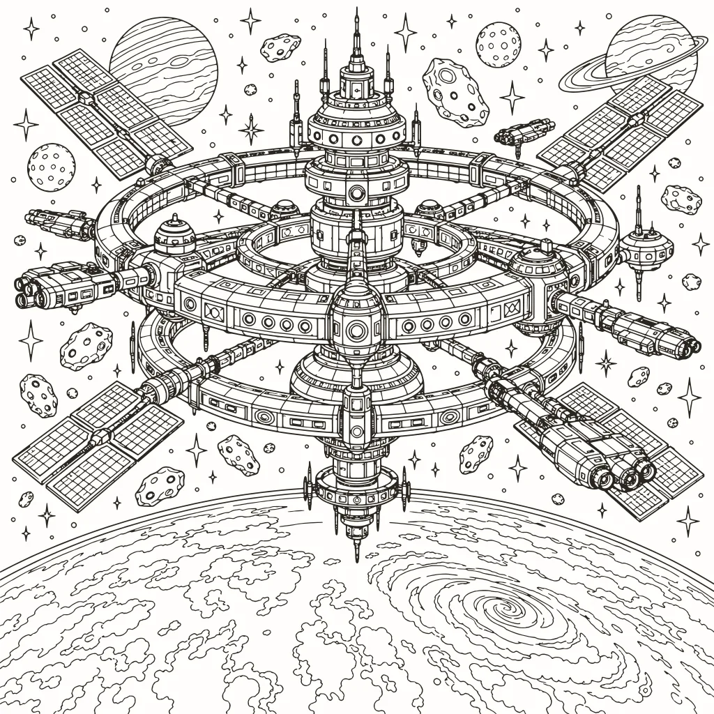 Coloriage station orbitale, dessin au trait à imprimer