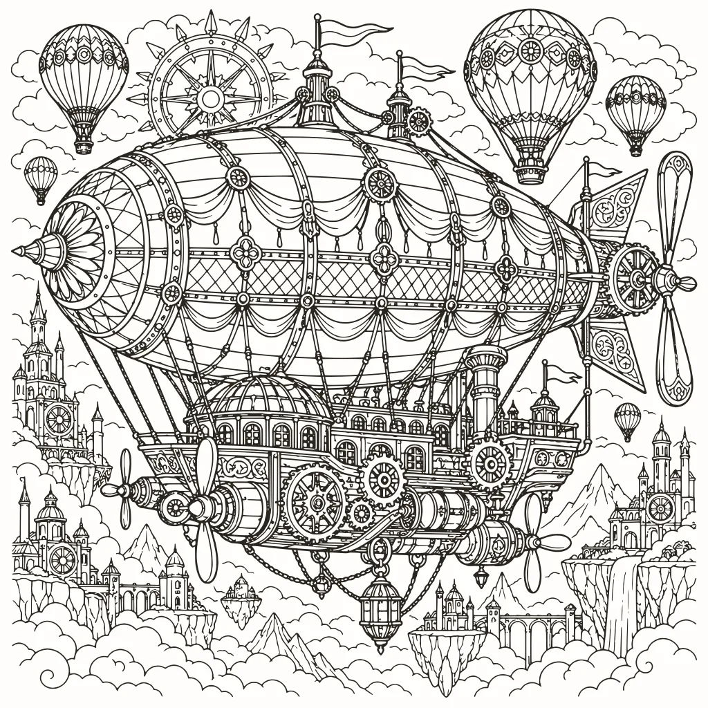 Coloriage dirigeable steampunk, dessin au trait à imprimer