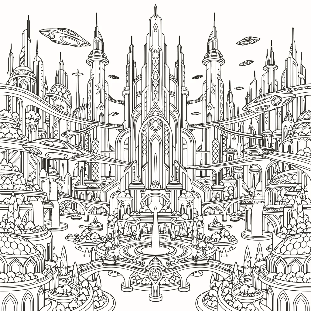 Coloriage ville du futur, dessin au trait à imprimer