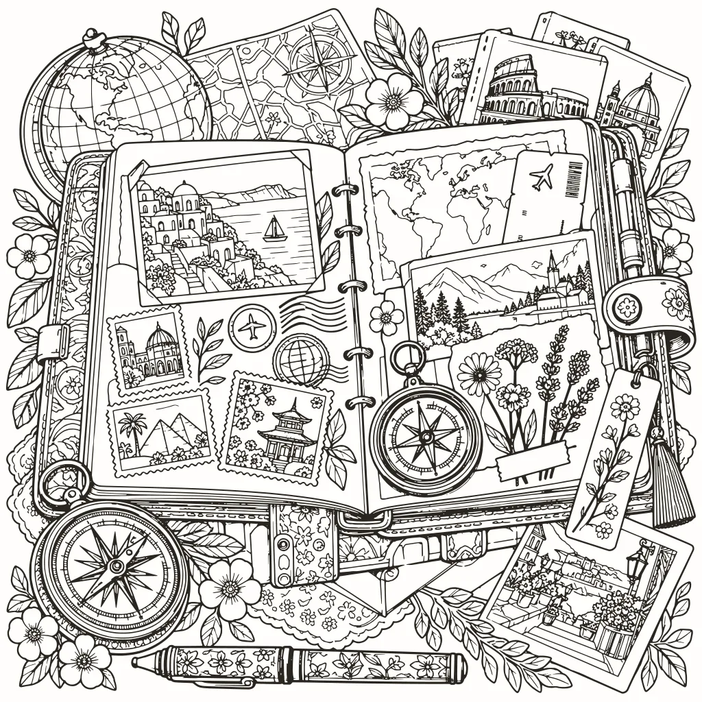 Coloriage carnet de voyage, dessin au trait à imprimer