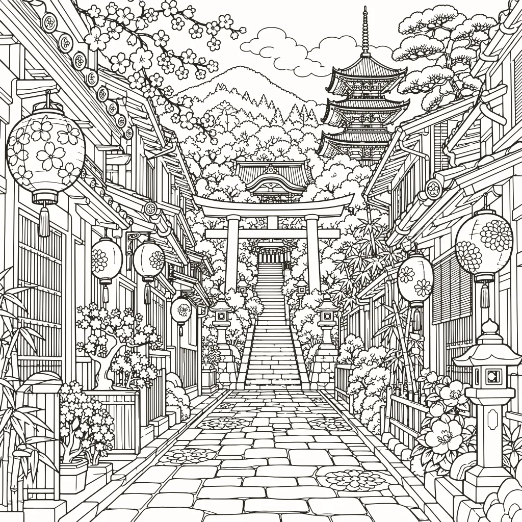 Coloriage ruelle de Kyoto, dessin au trait à imprimer