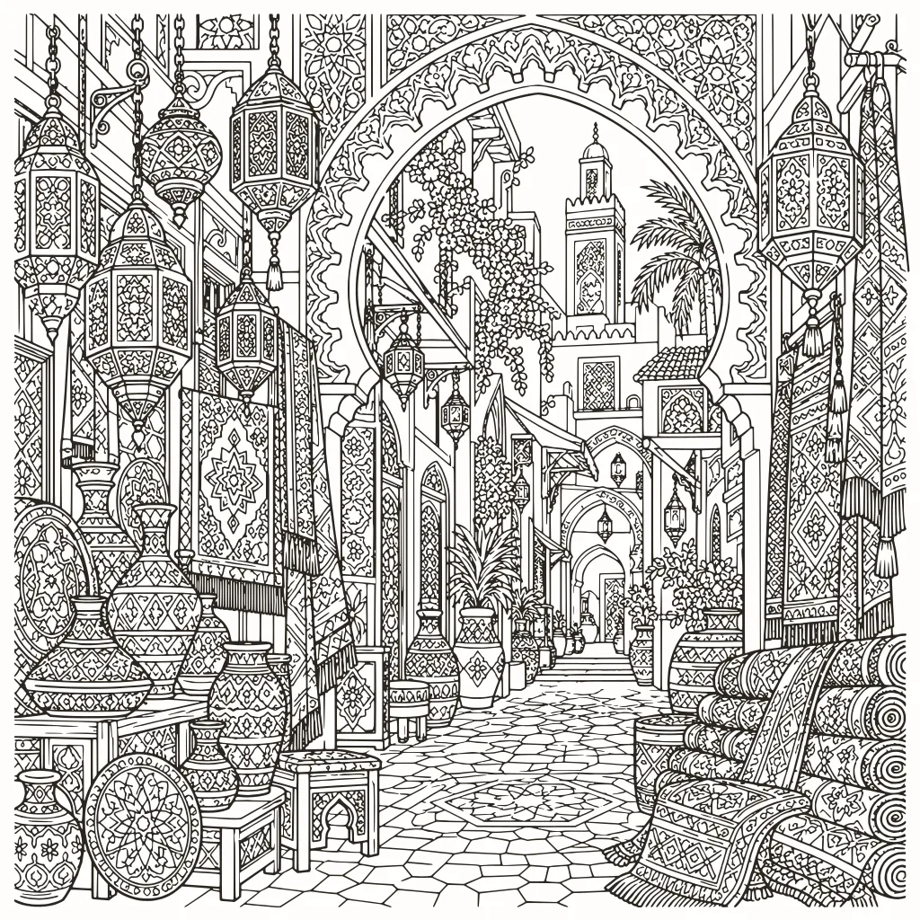 Coloriage marché de Marrakech, dessin au trait à imprimer