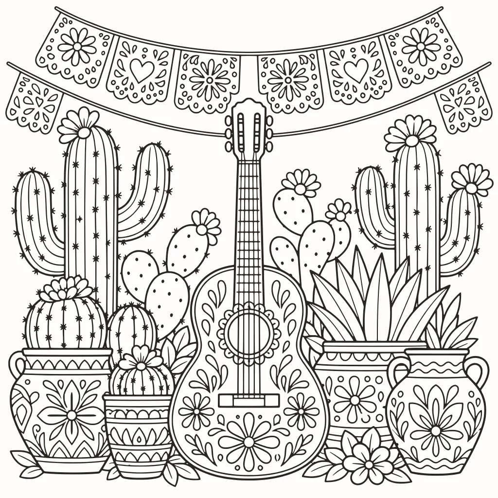 Fiesta mexicana para colorear, dibujo de líneas para imprimir