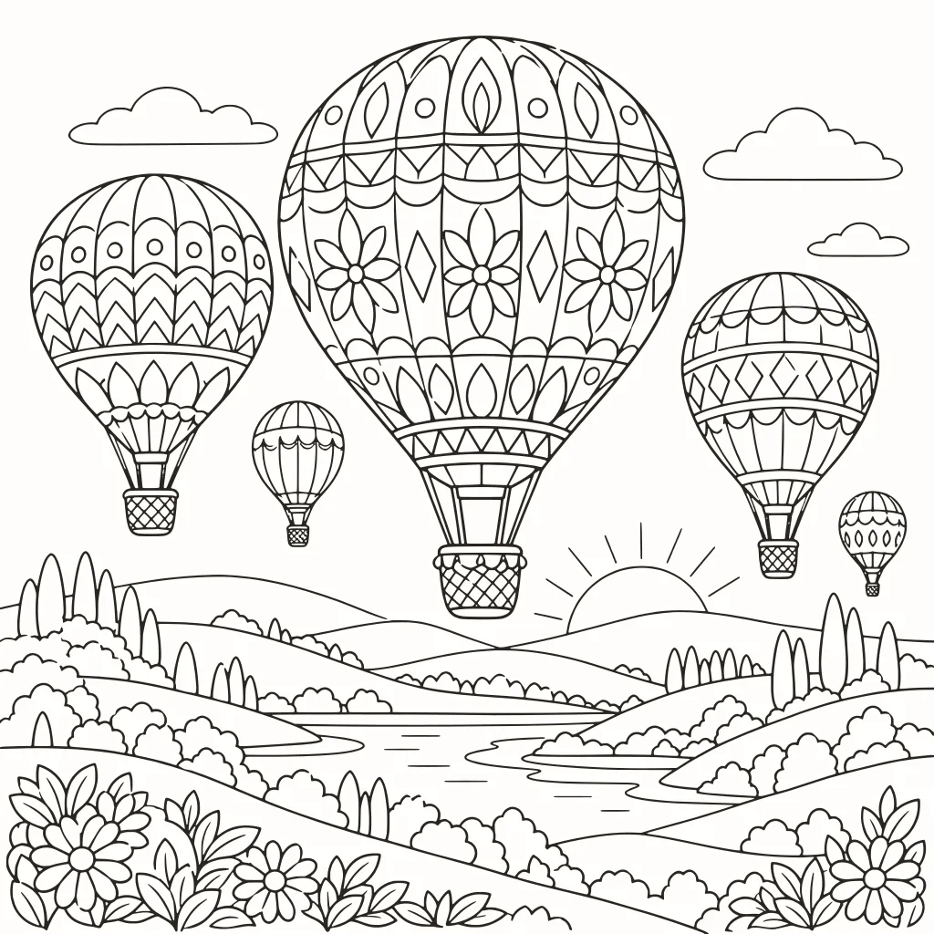 Mongolfiere da colorare, disegno al tratto da stampare