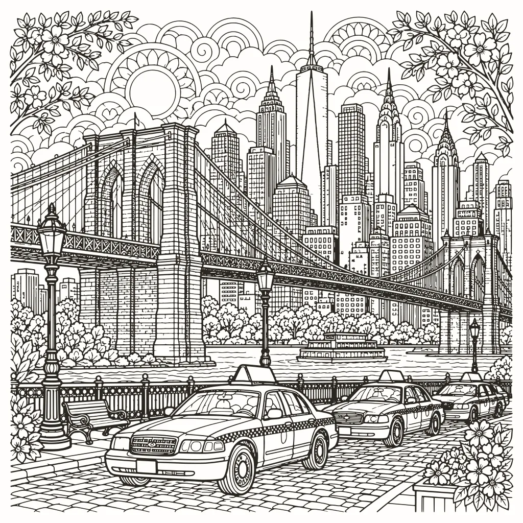 New York coloring page, line art to print