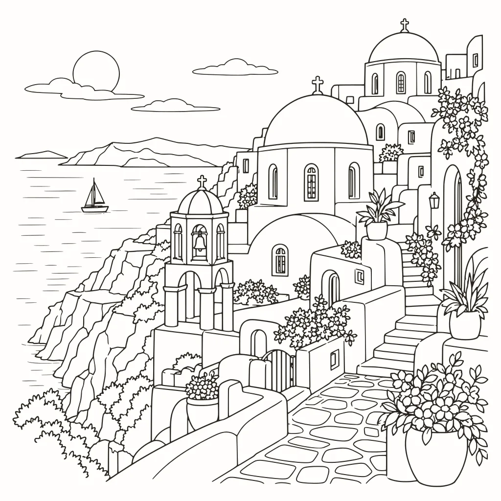 Santorini da colorare, disegno al tratto da stampare