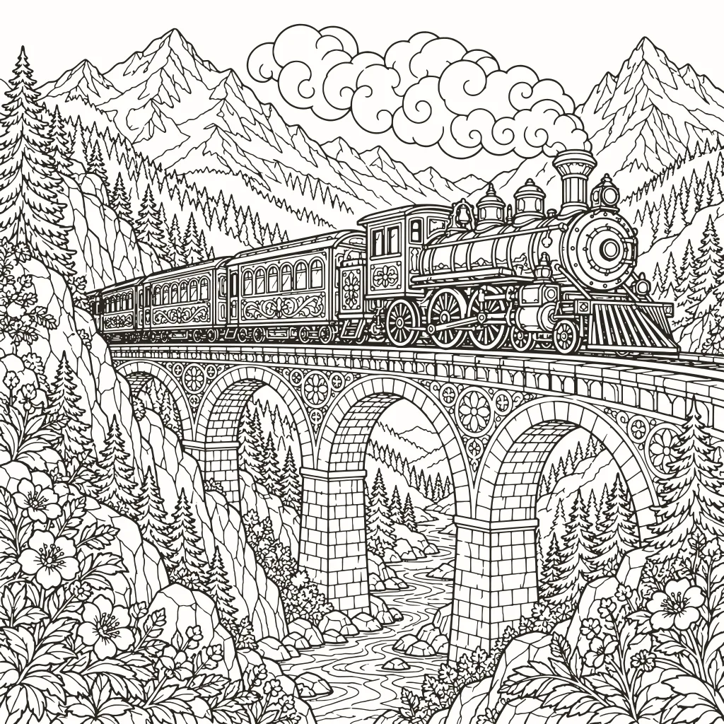 Steam train coloring page, line art to print