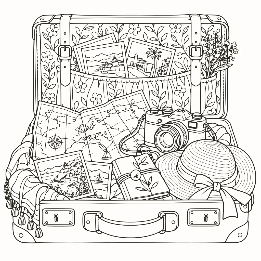 Valigia da viaggio da colorare, disegno al tratto da stampare
